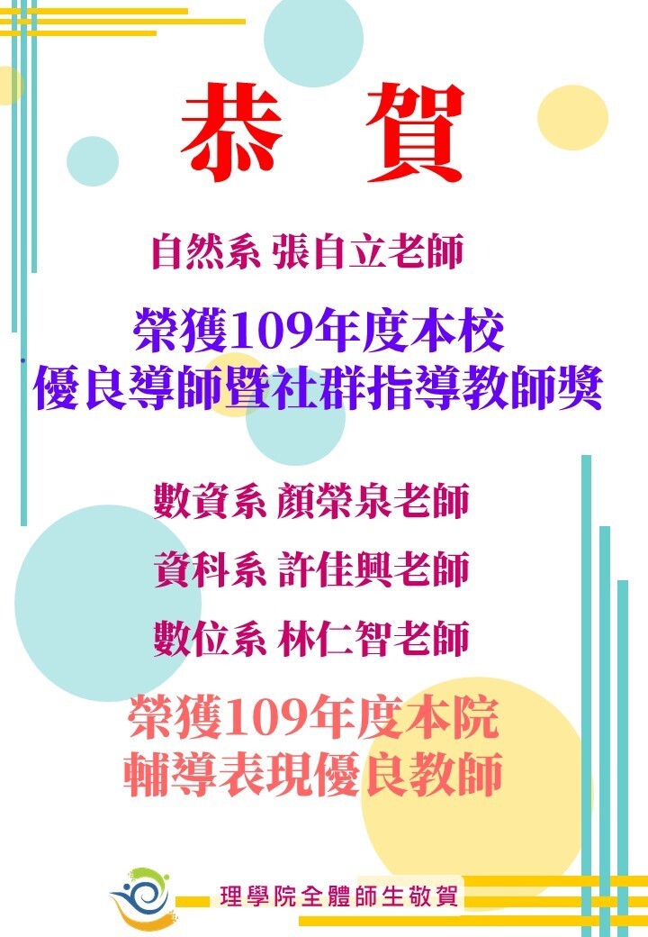 恭賀  自然系 張自立老師 榮獲109年度本校優良導師暨社群指導教師獎  數資系 顏榮泉老師、資科系 許佳興老師、數位系 林仁智老師 榮獲109年度本院輔導表現優良教師  理學院全體師生敬賀